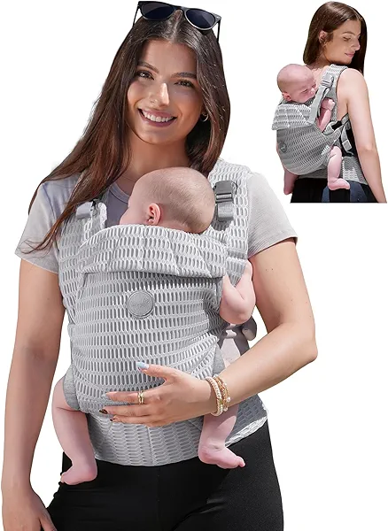 GROWNSY Baby Carrier Newborn to Toddler, Breathable Mesh Carrier(7-44lbs) with One-Click Sliding Clasp, Head Support, Ergonomic Design and Hands-Free Comfort, Silver Gray