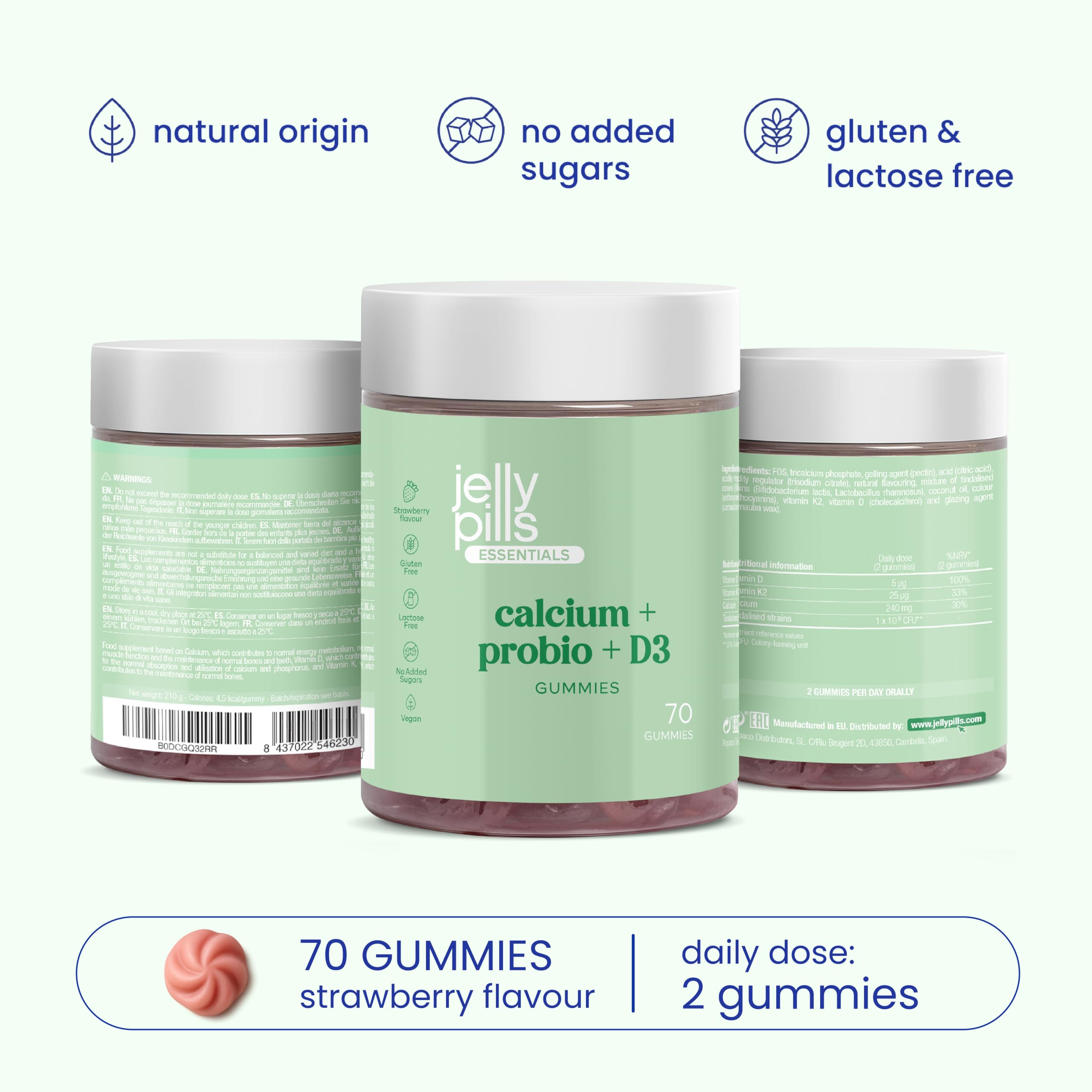 Jelly Pills Pack Benessere Quotidiano Completo – Multivitamine + Magnesio 180 mg + Calcio con Probiotici – 70 + 70 + 70 Gummies Vegane – Senza Zuccheri Aggiunti – Gusto Fragola e Frutti di Bosco