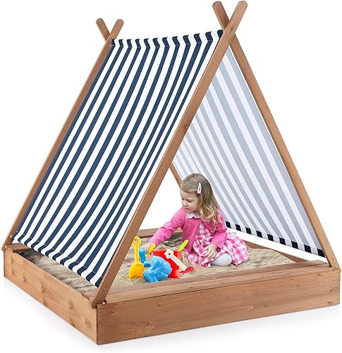 Miniatura 11 de HONEY JOY Caja de arena para niños, pozo de arena sin fondo de cedro para patio trasero, 4 banderas rojas y forro inferior, banco lateral y 2 cajas