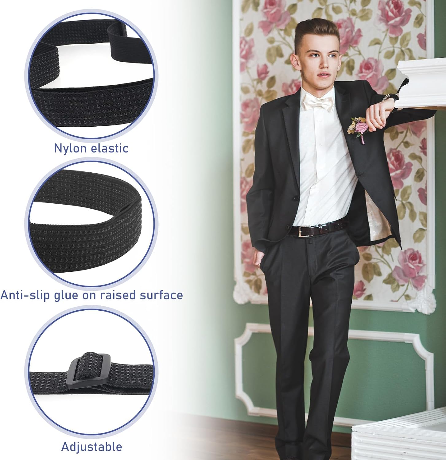 Shirt Stays Belt for Men Keep Shirts Tuck-In Non-Slip Elastic Holder for Neat Look Adjustable Waist Size