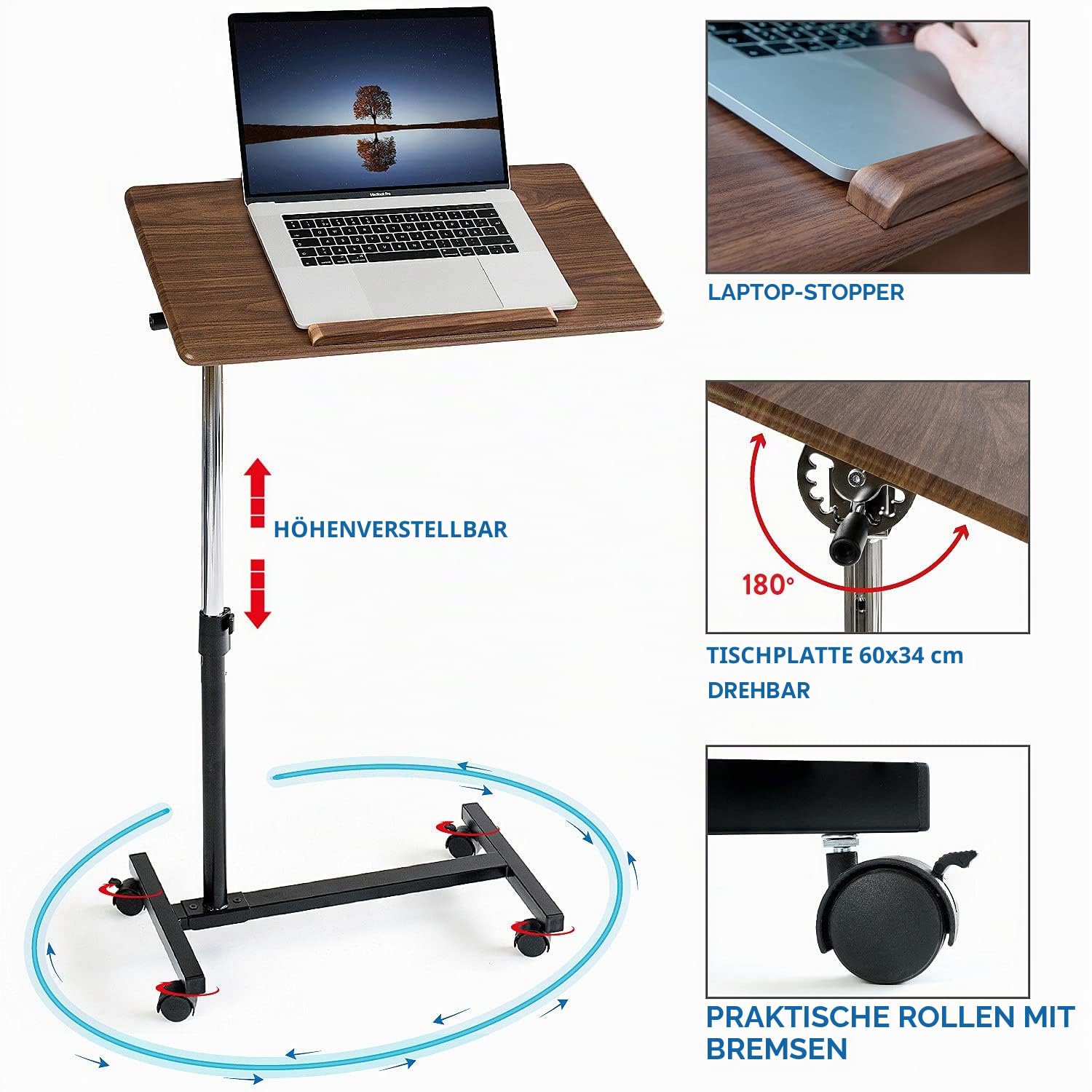 Tatkraft Gain - Laptoptisch Höhenverstellbar, mit Rollen, Laptoptisch Sofa & Bett, Tischplatte Einstellbarer, Stahl, Holz