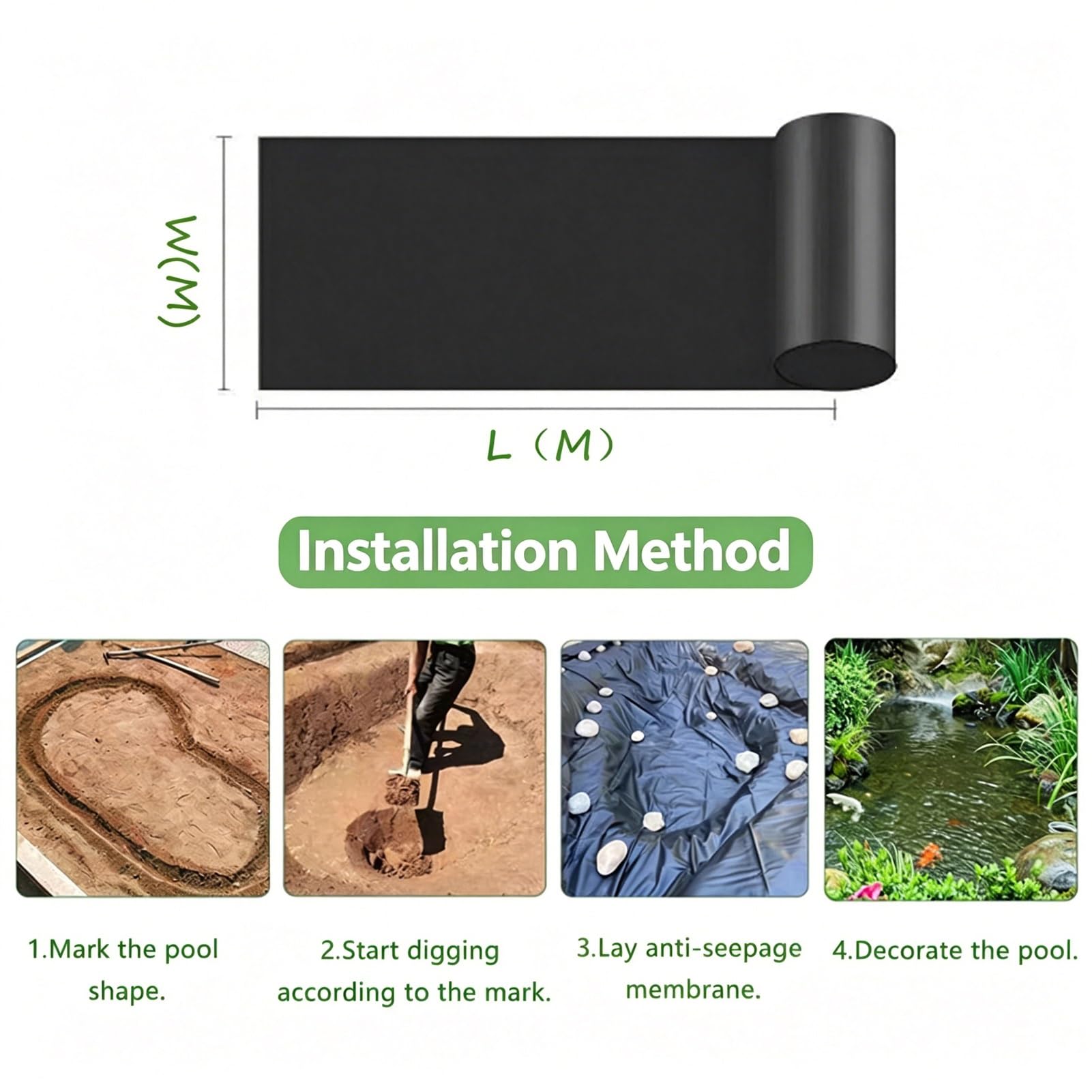 Teichfolie – Outdoor-Gartenteichfolie – für Koi-Teiche, Wasser, Garten, Aquakultur, Schwimmbad, schwarz, Faltbare HDPE-Teichfolienmatte, einfaches Schneiden(4x5m)