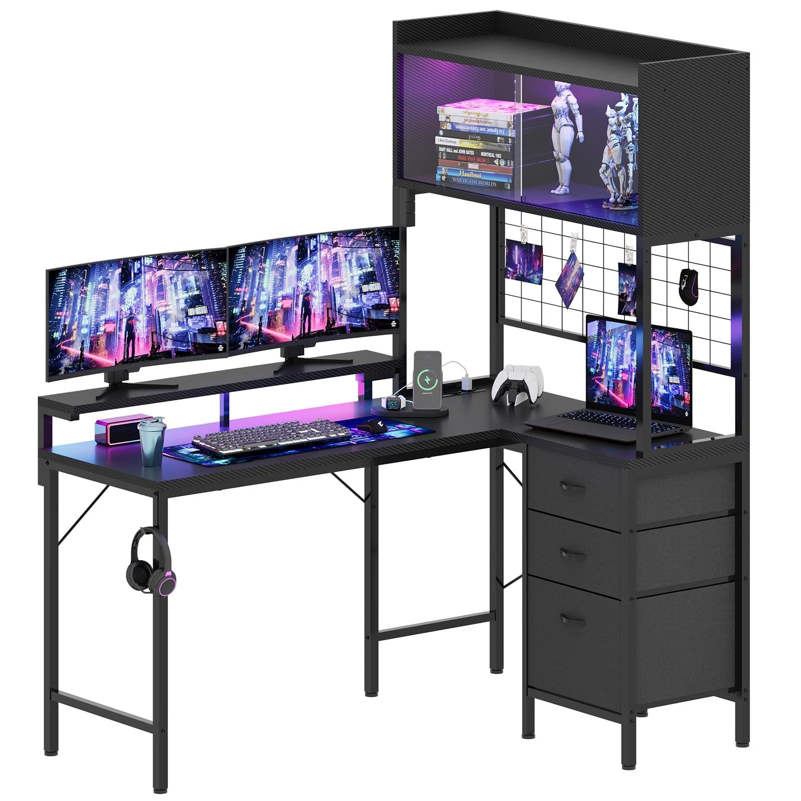 Devoko L-shape Gaming Desk with LED Lights 115 x 90 cm, PC Desk with Power Plug, 3 Drawers, Grill Panel, E-Sports Gaming Desk, Office, Bedroom, Black