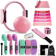 KANGFITER Pilates Equipment Kit for Home Workout, Pilates Ring and Ball Set with Adjustable Ankle Wrist Weights, Resistance Bands, Tape Measure, Bag, Pilates Essentials Accessories for Women Yoga