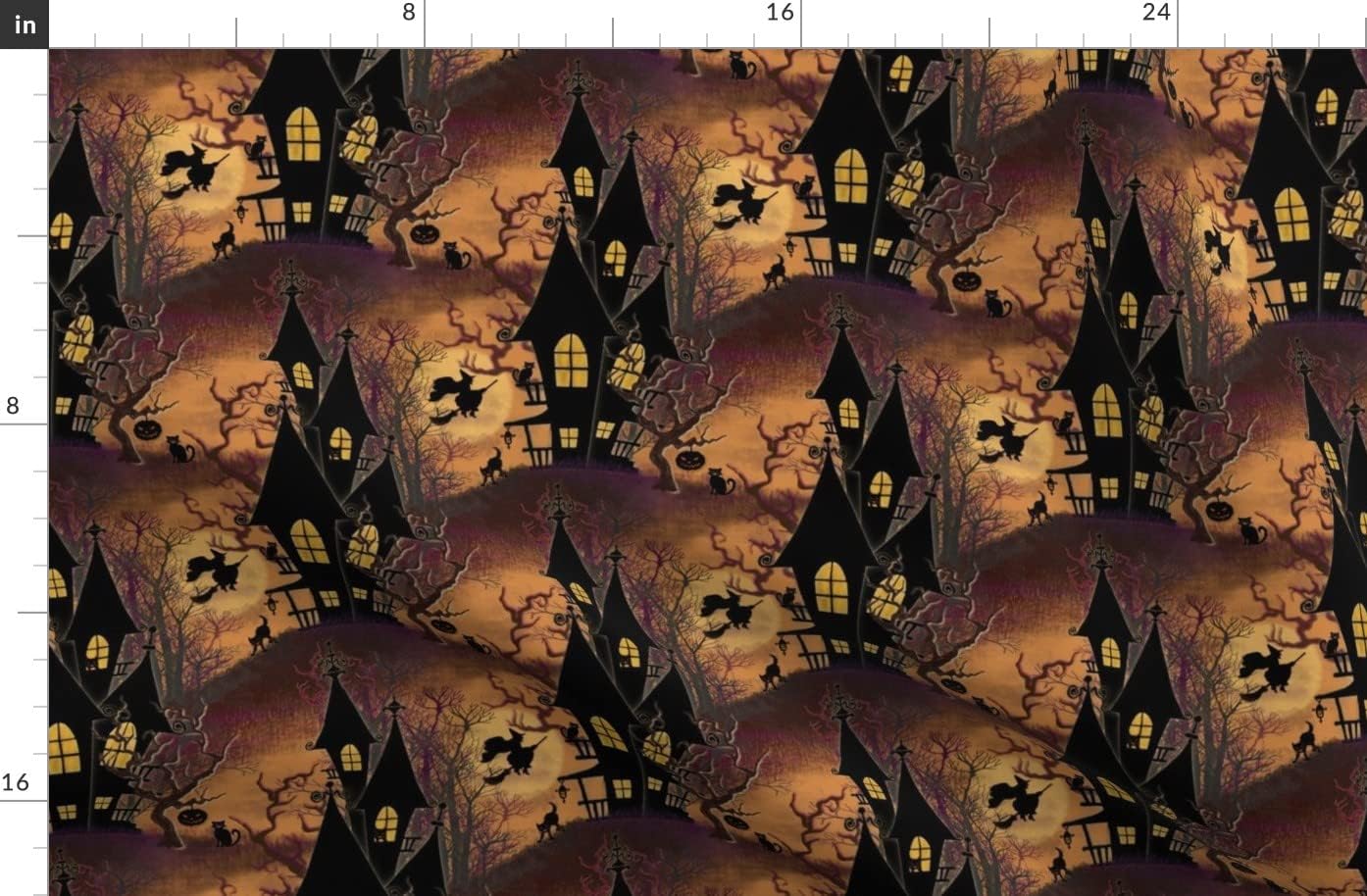 Spoonflower Fabric - House Vintage Halloween Spooky Witch Black Cats Orange Printed on Organic Cotton Sateen Fabric by The Yard - Sewing Quilting Apparel Home Decor