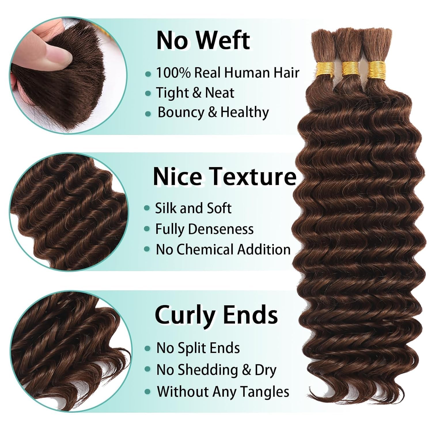 Human Braiding Hair for Boho Braids Human Hair 110g 16 Inch Curly Boho Hair for Braiding Knotless 12A Deep Wave Bohemian 3 Bundles/Pack Chocolate Brown