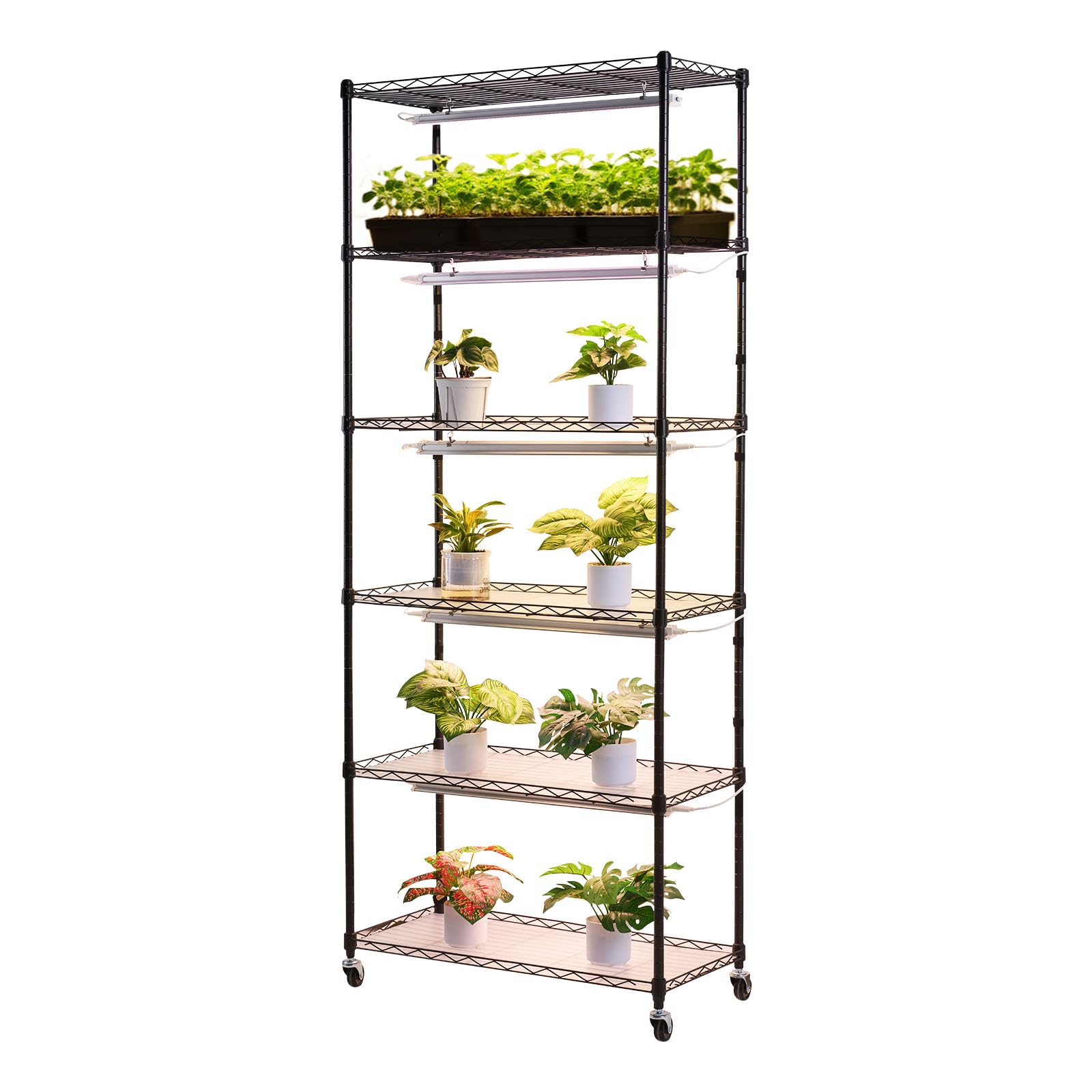 VEVOR Pflanzenregal mit Wachstumslicht, 6-stufiger Pflanzenständer mit Rädern und 4/9/14-Stunden-Timer, 150 W 3-Farben-Vollspektrum-Lichter, Blumenregal für die Samenanzucht, 75x35x180 cm