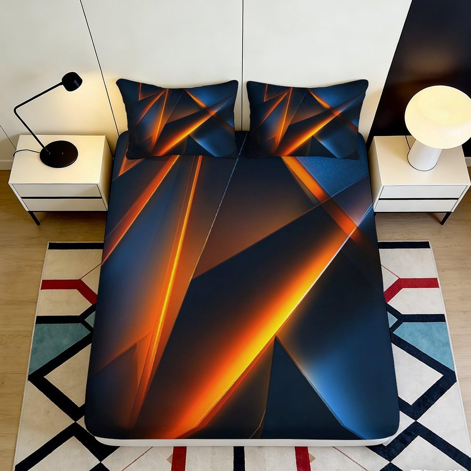 3D Printed Geometric Neon Fitted Sheet Microfiber Soft Breathable Abstract Lines Mattress Cover for Bedroom Dorm Mattress Protection Decor 140x200x25cm