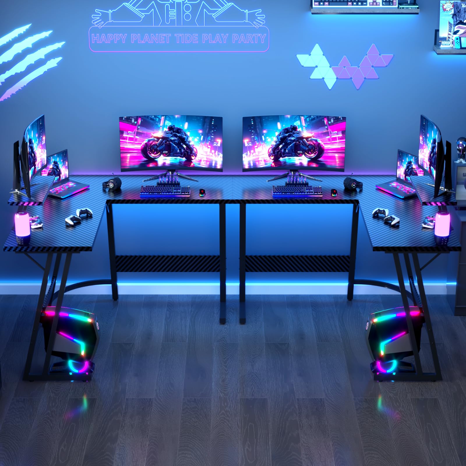 JUMMICO Bureau Gaming en L 120x120cm - Bureau d'angle avec Support Écran Réversible - Polyvalent (Jeu/Travail/Étude) - Stabilité Maximale & Nettoyage Facil - Revêtement Carbone - Noir