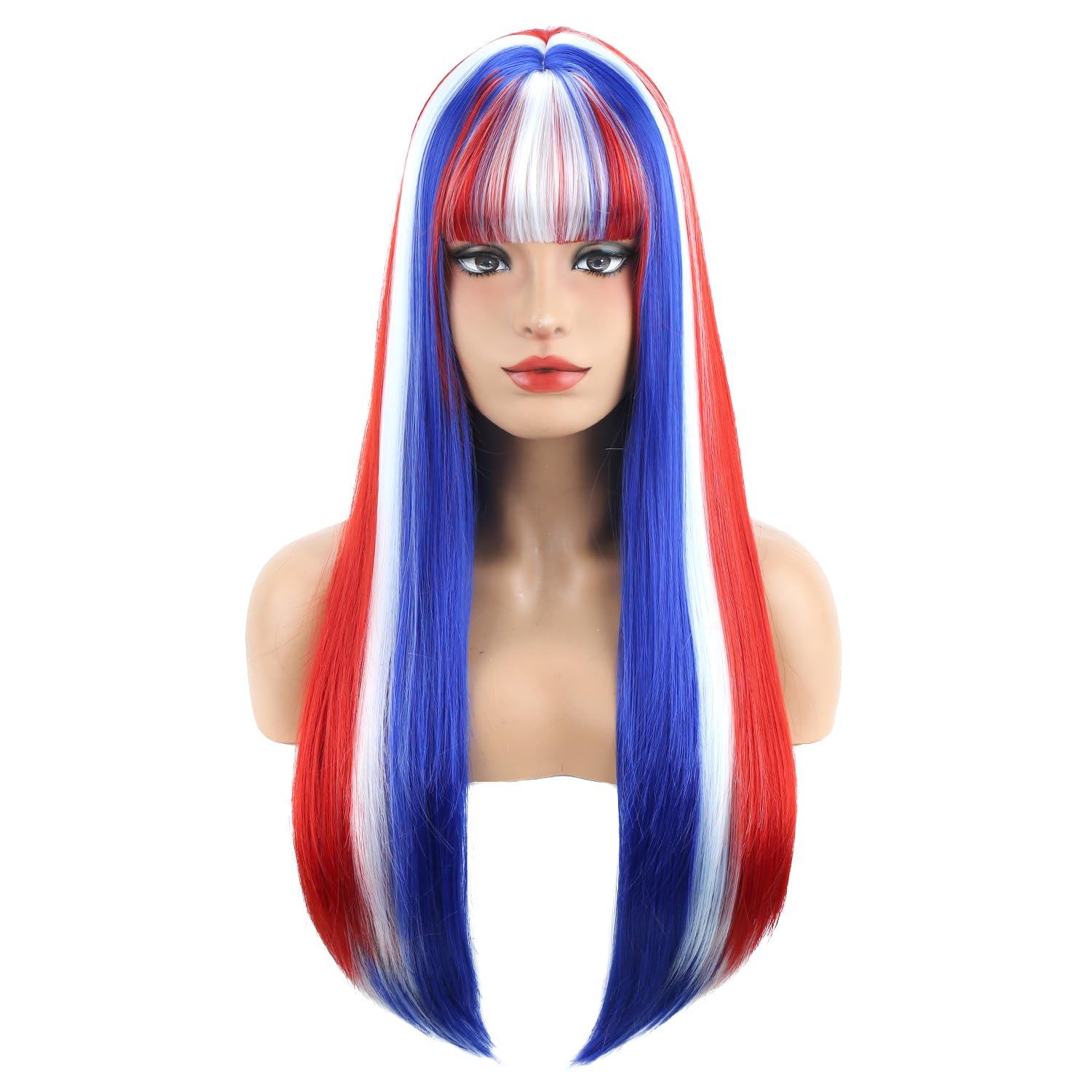 MAGQOO Red Blue White Wig with Bangs 4th of July Wigs for Women Girls Long Straight American Flag Costume Wig Synthetic Heat Resistant Cosplay