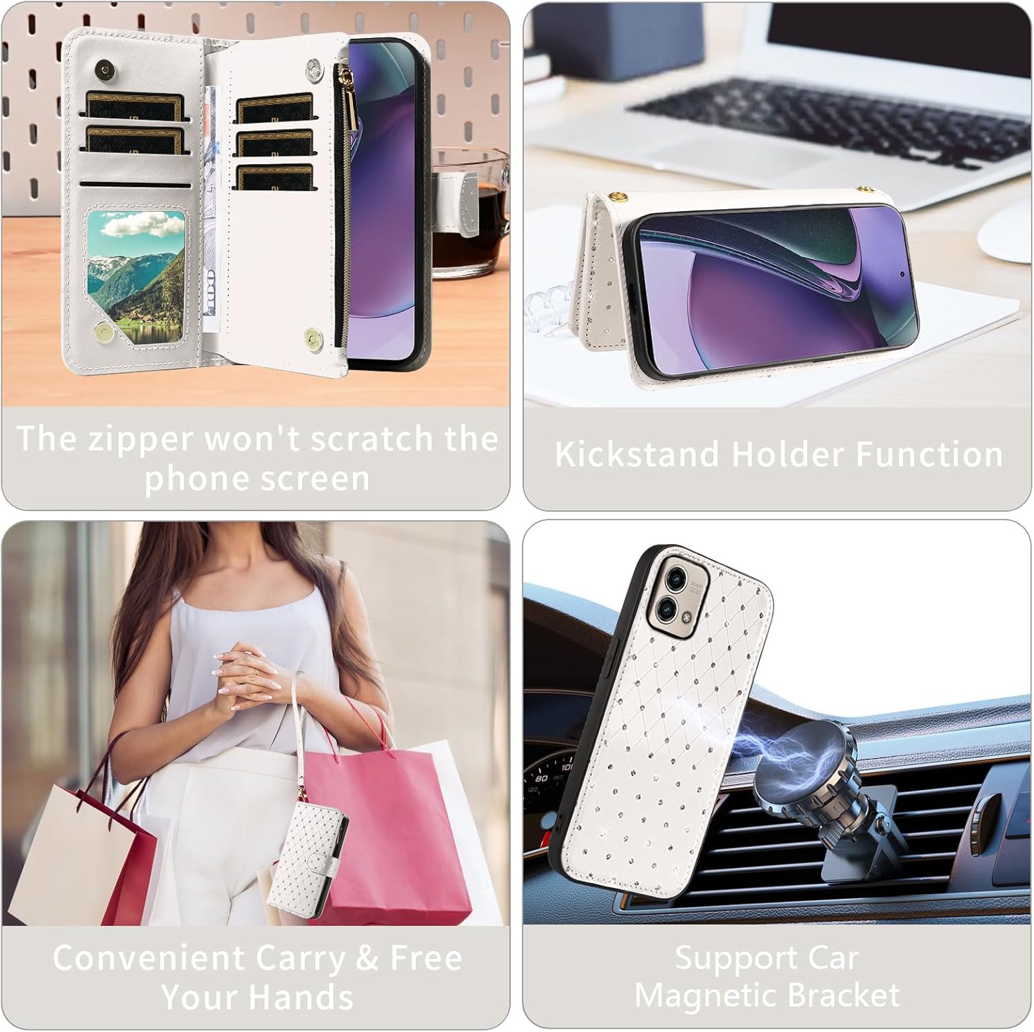 Asuwish Compatible with Motorola Moto G Stylus 5G 2023 Wallet Case Zipper Cell and Screen Protector Crossbody Strap Glitter Flip Card Holder Phone Cover for GStylus G5 XT2317DL XT2315-5 Women White