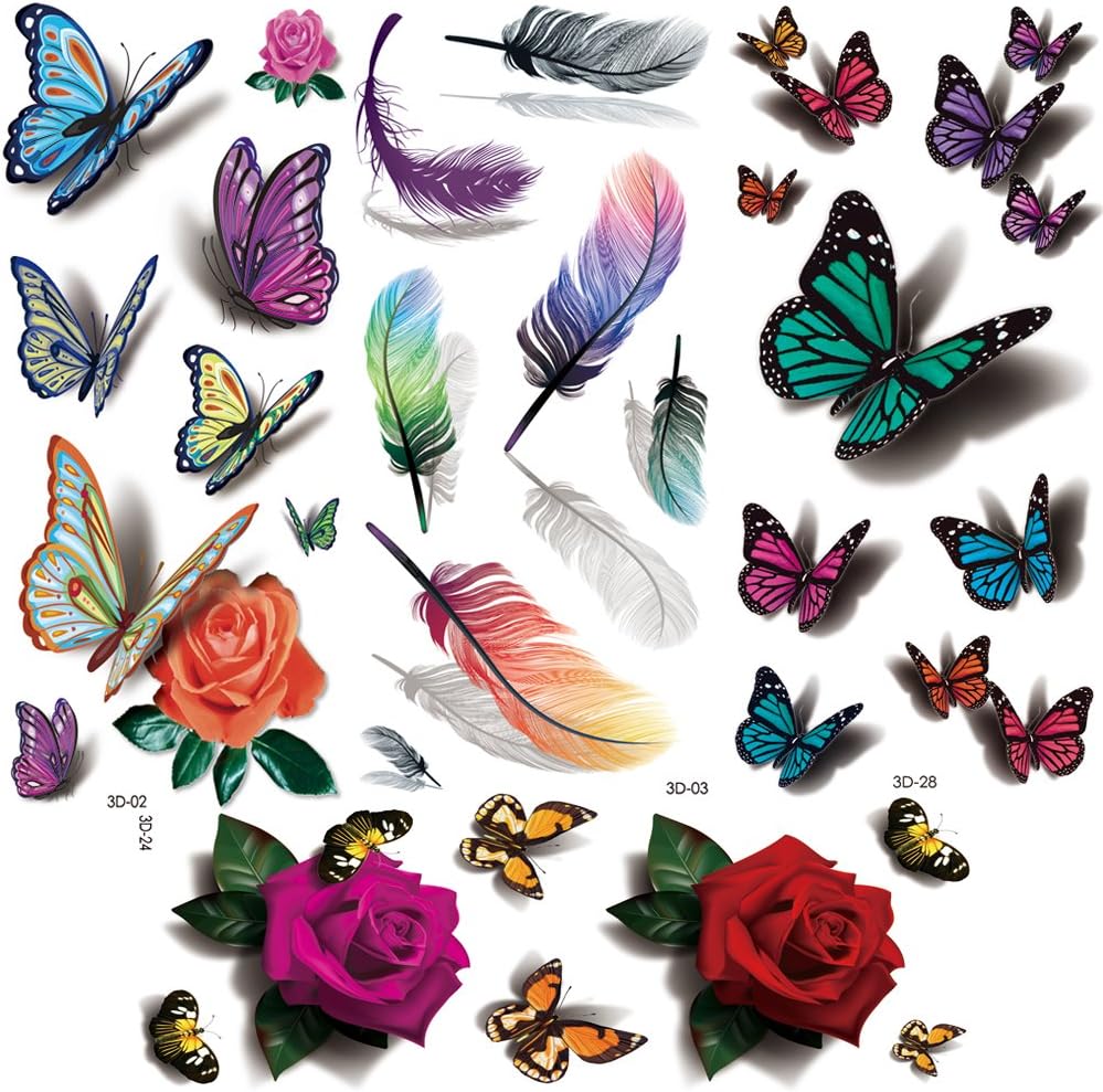 Flowers Temporary Tattoos for women sexy 8 Pcs by Yesallwas,LargeTattoo Sticker Fake Tattoos for Women,waterproof and Long Lasting sexy body tattoos -Rose, butterfly，feather