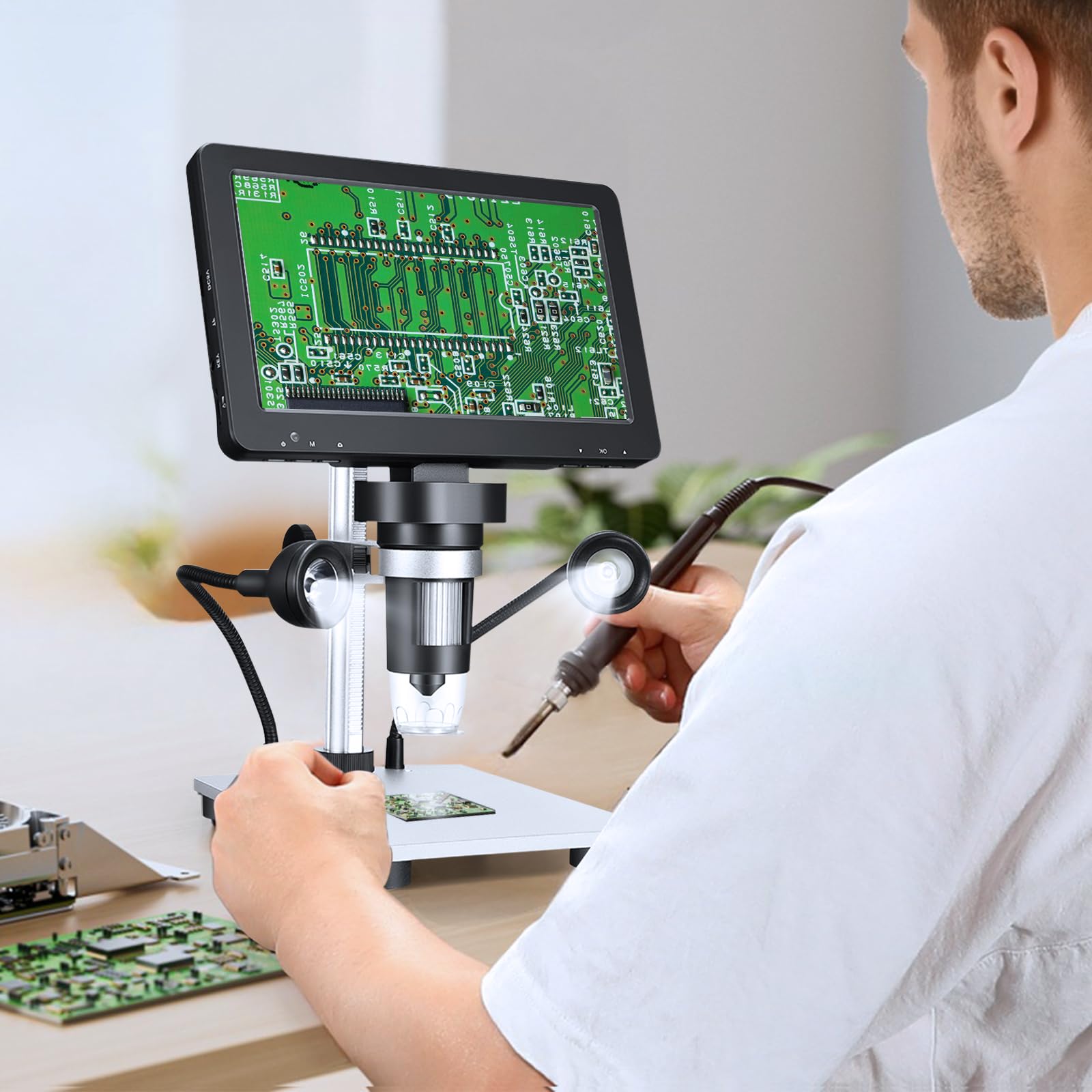 Microscopio Digitale 7" 1200x 12MP con Schermo Ruotabile HD/ 8 Luci LED/12 Lingue/10 cm Distanza Lavoro/Controller Filo Microscopio Usb per Riparazione Elettronica
