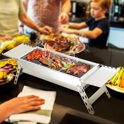 Miniatura 7 de SGOLAN Parrilla de carbón portátil, parrilla de barbacoa de acero inoxidable, pequeña parrilla plegable para jardín, cocina al aire libre, barbacoa,