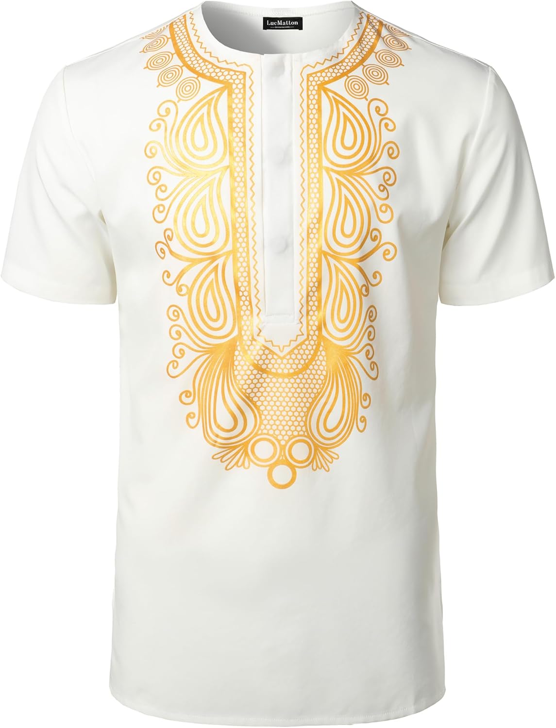 LucMatton Men's African Short Sleeve Hidden Button Shirt Metallic Foil Stamping Dashiki T Shirt