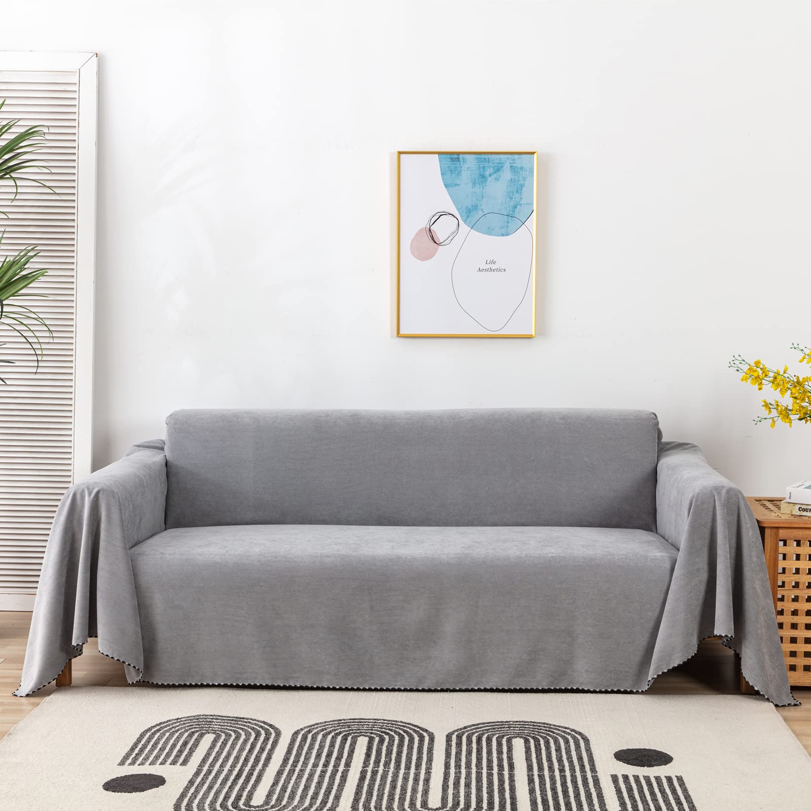Jeté de canapé d'angle gris 180x420 velours côtelé imperméable pour salon familial