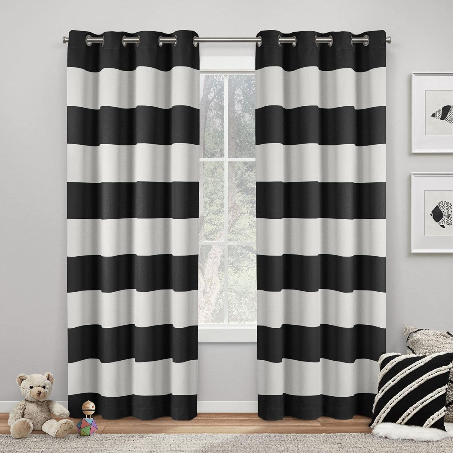 Exclusive Home Sateen Rugby Striped Kids Twill Woven Room Darkening Blackout Grommet Top Curtain Panel Pair, 52"x96", Black