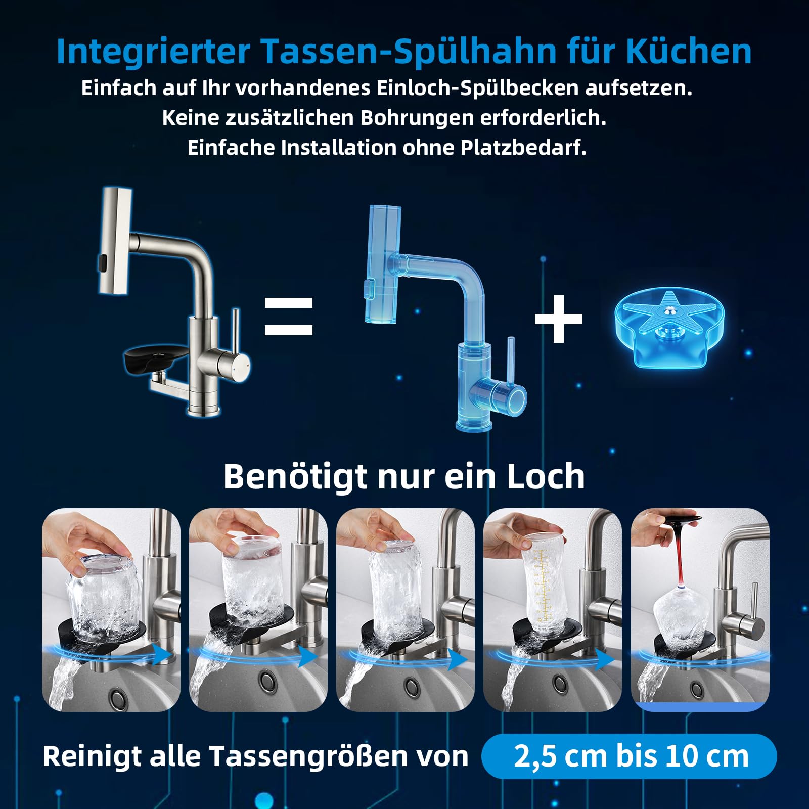 Küchenarmatur Wasserhahn Küche Glasspüler, Ausziehbar 3 Strahlarten | Spültischarmatur Küche Mynaiad mit Glasspüler, 3 Auslauf-Modi, 360°-Drehung, Schwarz 304 Edelstahl, für Küche, Bad und Bar