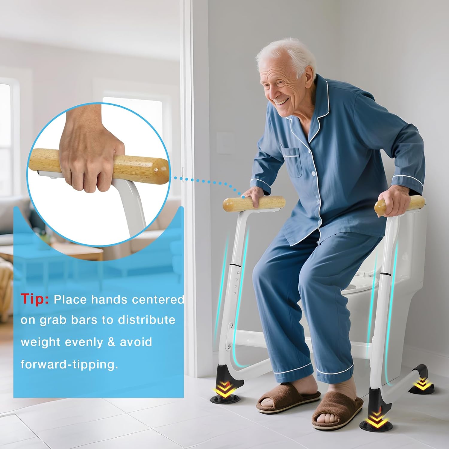 Toilet Safety Rails (350LBS), Adjustable Height Toilet Safety Frame for Elderly and Disabled, Stand Alone Toilet Safety Rails for Seniors, Handicap Toilet Rails Fits Most Toilets, Wood Color