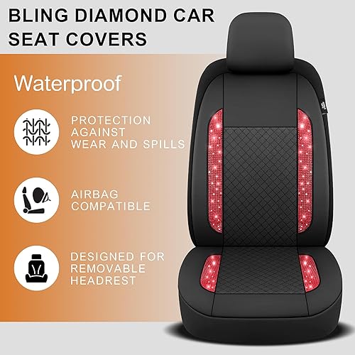 Miniatura 6 de CAROMOP Juego de 2 fundas de asiento de automóvil de cuero con patrón de diamantes brillantes, impermeables, con diamantes de imitación brillantes,