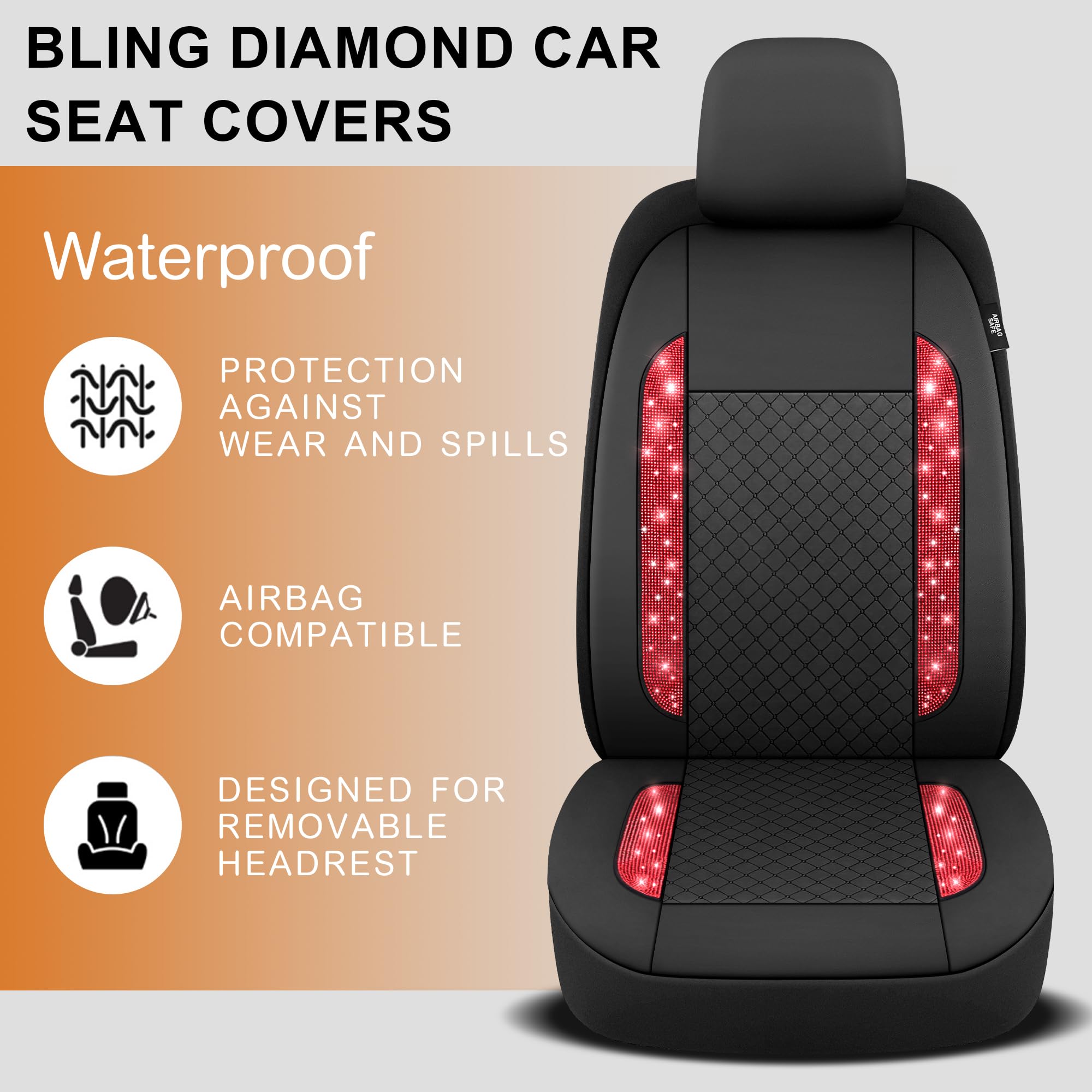 CAROMOP Bling Diamond Pattern Leather Car Seat Covers Full Interior Set -Shining Rhinestone Automotive Seat Cover, Universal fit seat Covers for Cars, sedans, SUVs, and Trucks. (Red Diamond)