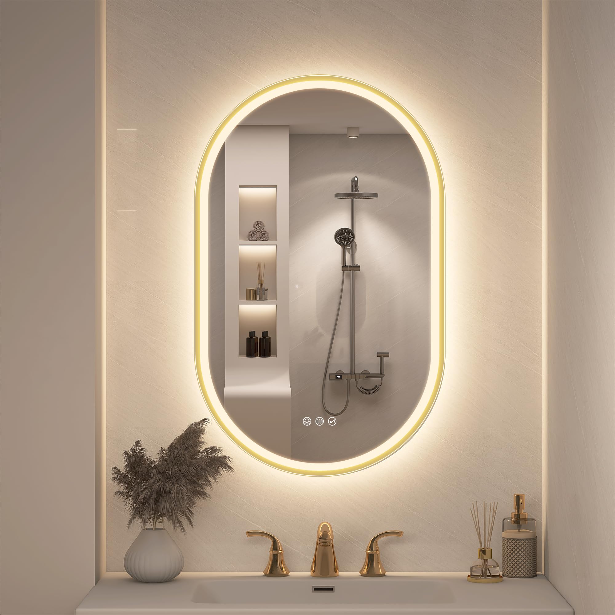STARLEAD 800x500 mm Oval-Bathroom-Mirror-with-LED-Lights, Bluetooth, LED-Bathroom-Wall-Mirror with 3 Colours Dimmable, Defogging, IP44, HD Tempered Glass, Horizontal/Vertical, Gold Paint — image 1