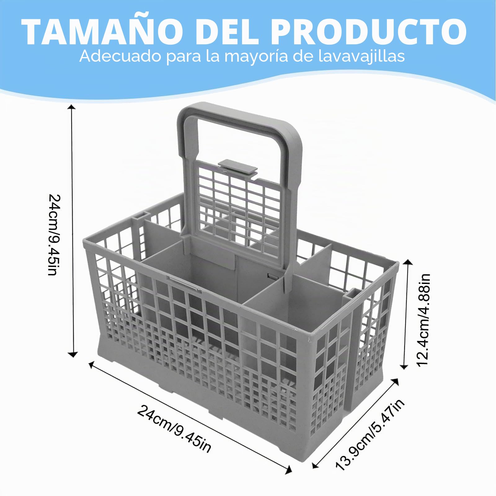 Cesta Porta Cubiertos Lavavajillas, Repuesto Universal con Mango Extraíble, Apto para la Mayoría de Cestas Inferiores Estándar de Lavavajillas, 24 x 13,9 x 12,4 cm