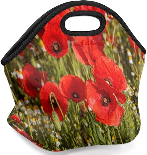 Miniatura 2 de Bolsa de almuerzo de neopreno con diseño de flor de amapola roja, suave, lavable, reutilizable, aislada, ligera, para preparación de comidas, para