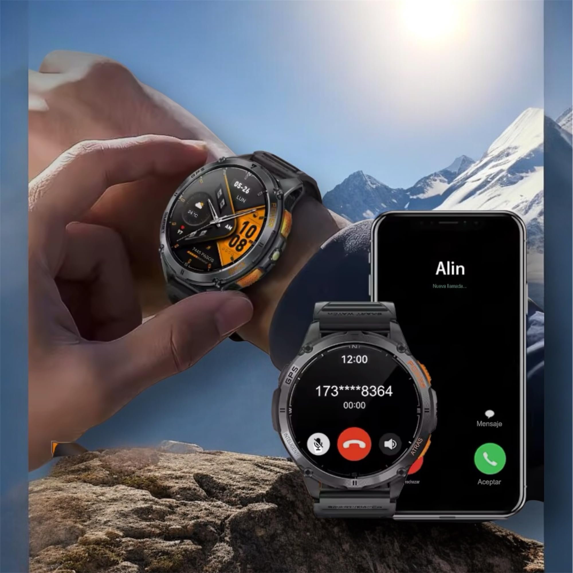 Orologio intelligente da uomo militare con GPS, torcia elettrica, impermeabile, 50 m, 530 mAh, schermo da 1,43 pollici, AMOLED 460 x 460, SmartWatch Sport Monitor per la salute