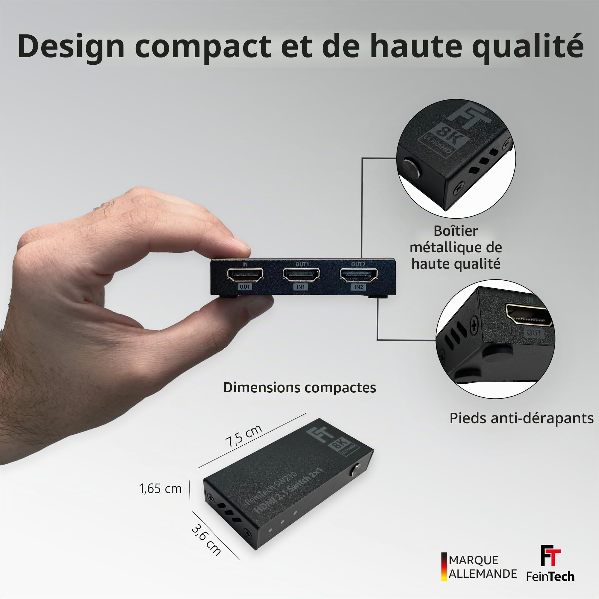 FeinTech SW210 Commutateur HDMI 2.1 Switch 4k 120Hz 2 in 1 Out ou 1 in 2 Out Bi-Directionnel, 8K, 48Gbps, Splitter Distributor, Supporte HDR, VRR, ALLM et Dolby Vision, HDCP 2.2 & 2.3