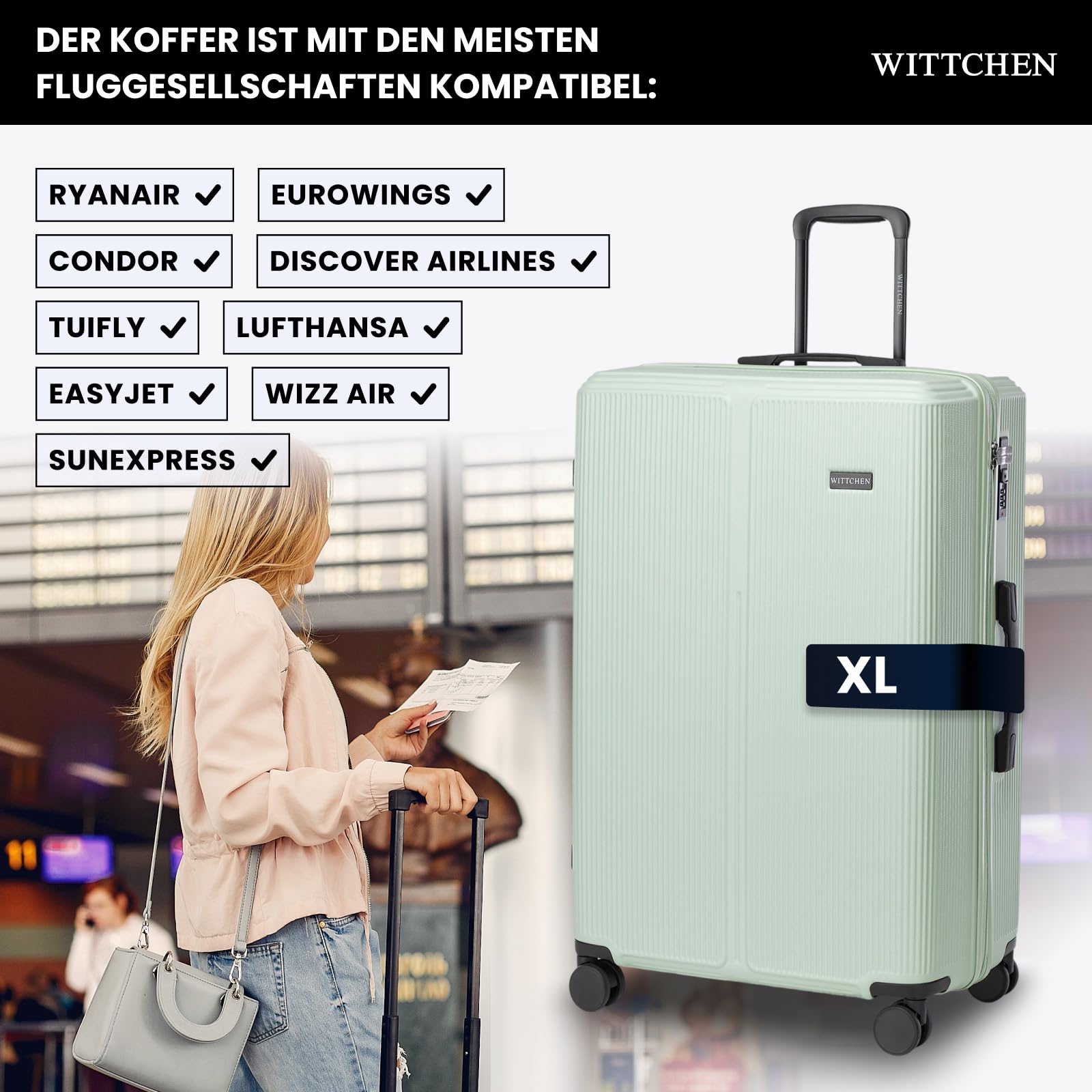WITTCHEN Stripes Line Großer Koffer 76,5 x 50 x 29 cm XL Hartschalen-Trolley ABS 96 l 4 Rollen 360° Mintgrün