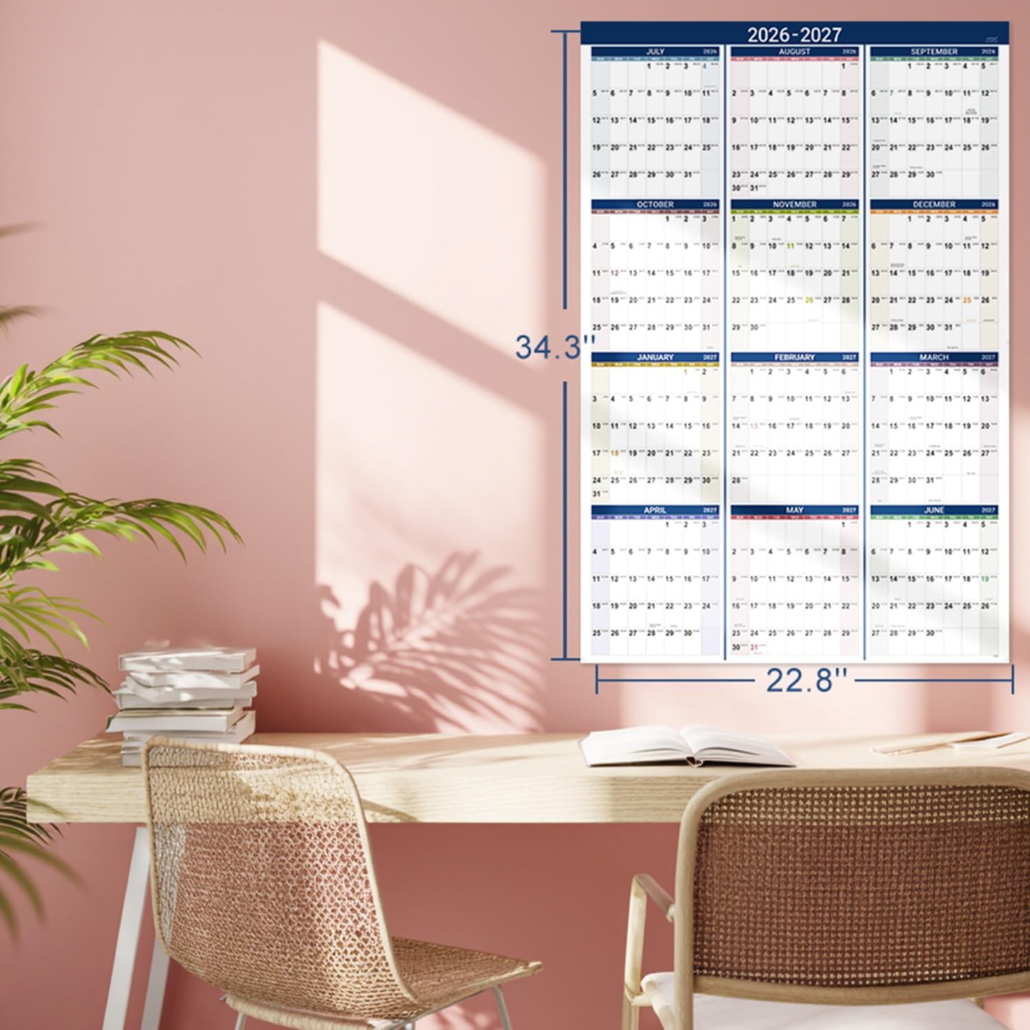 2026-2027 Yearly Wall Calendar - Calendar 2026-2027, JUL 2026 - JUN 2027, Yearly Calendar/Planner, 34.3" x 22.8"(Open), Large Wall Calendar 26-27 with Premium Paper, Double-Sided Small Round Sticks, Azure - Image 3
