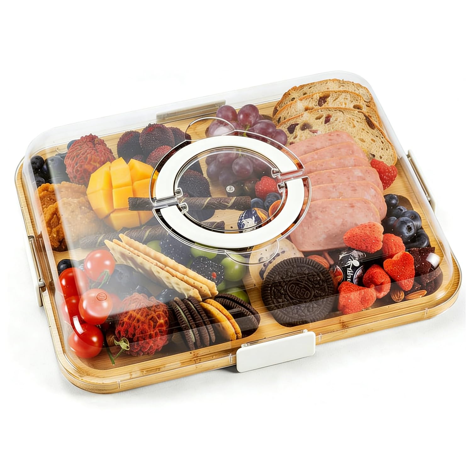 Charcuterie Boards with Lid and Handle, Portable Bamboo Cheese Board with 6 Compartments, Meat Fruit Snack Serving Tray, Charcuterie Boxes Cutting Boards for Housewarming, Kitchen (White)