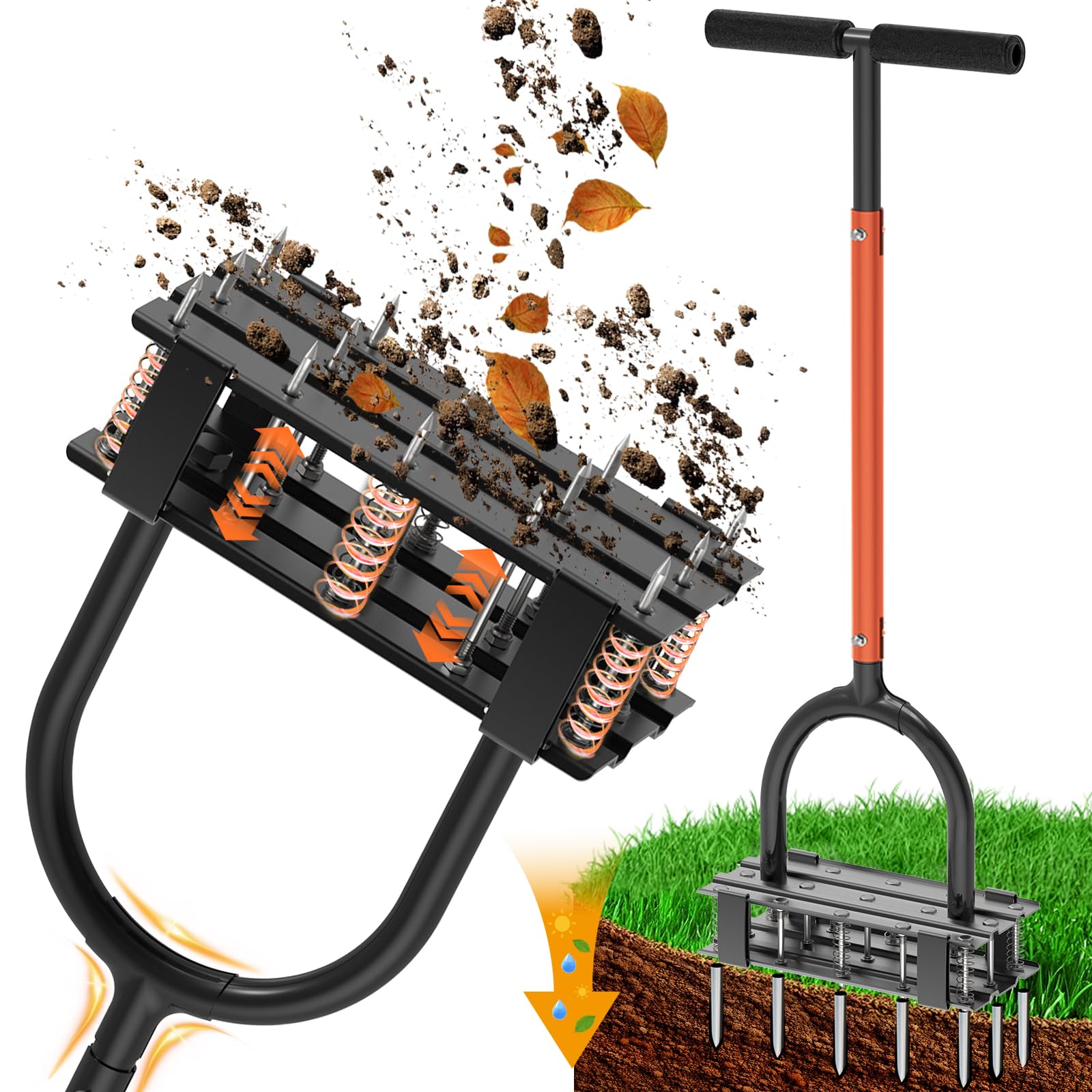 Aerator Lawn Tool - 2-in-1 Reinforced Heavy Duty Manual Lawn Aerator with 15 Spikes, Automatic Dirt and Leaf Clean Design, Adjustable T-Handle (Orange)