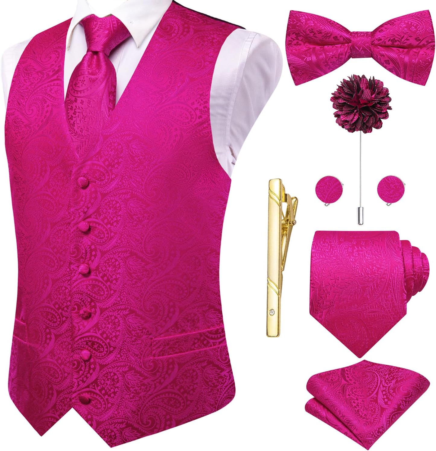 Hi-Tie Silk Mens Suit Vest Tie and Bowtie Lapel Pin Gold Tie Clip Paisley Floral Waistcoat 8PCS Set Tuxedo Wedding Party