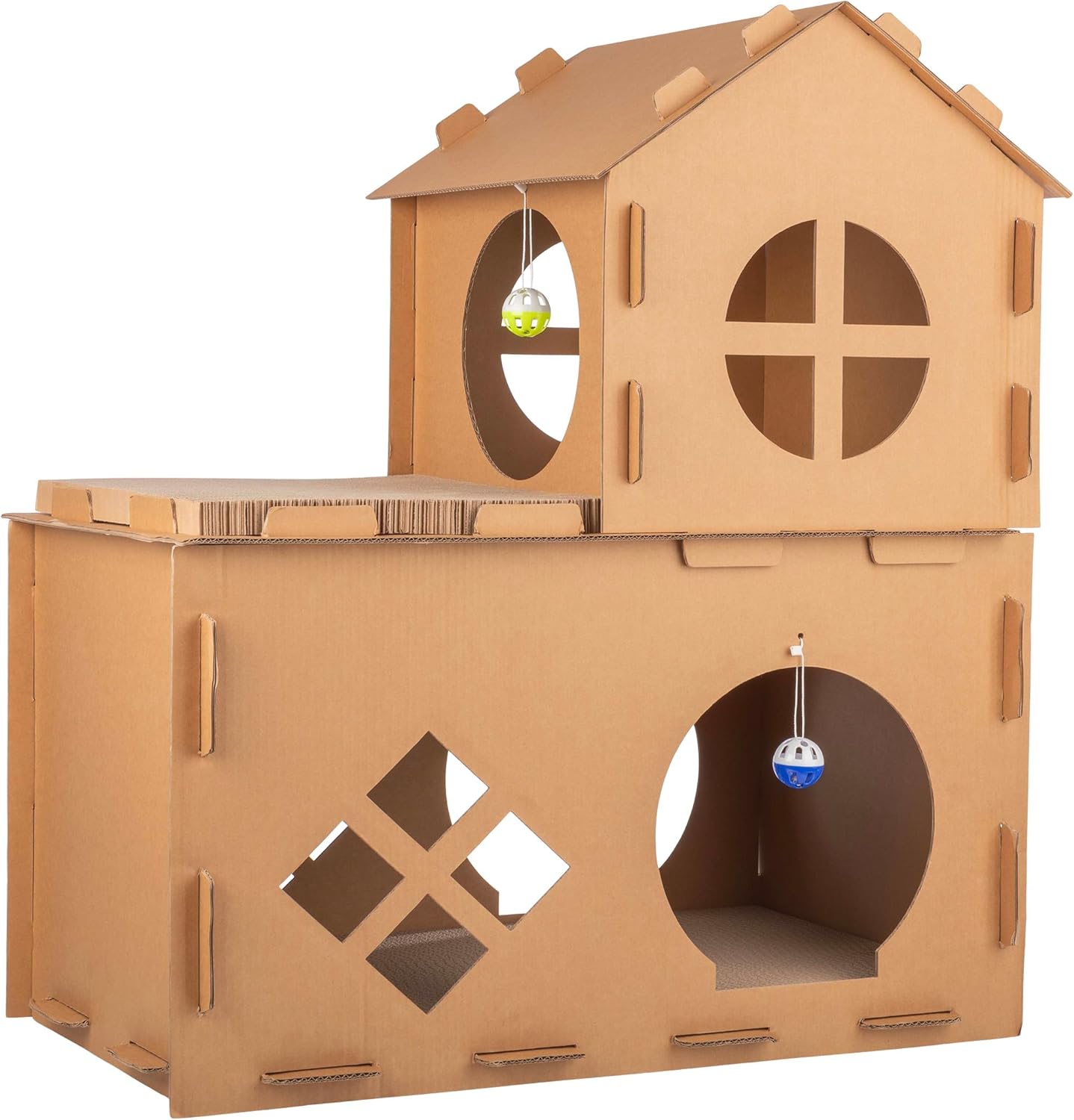 Cat House - Cardboard Cat House with Scratching Pads, Toys, and Catnip - Multi-Level Cat Houses for Indoor Cats, Kittens and Small Animals by PETMAKER