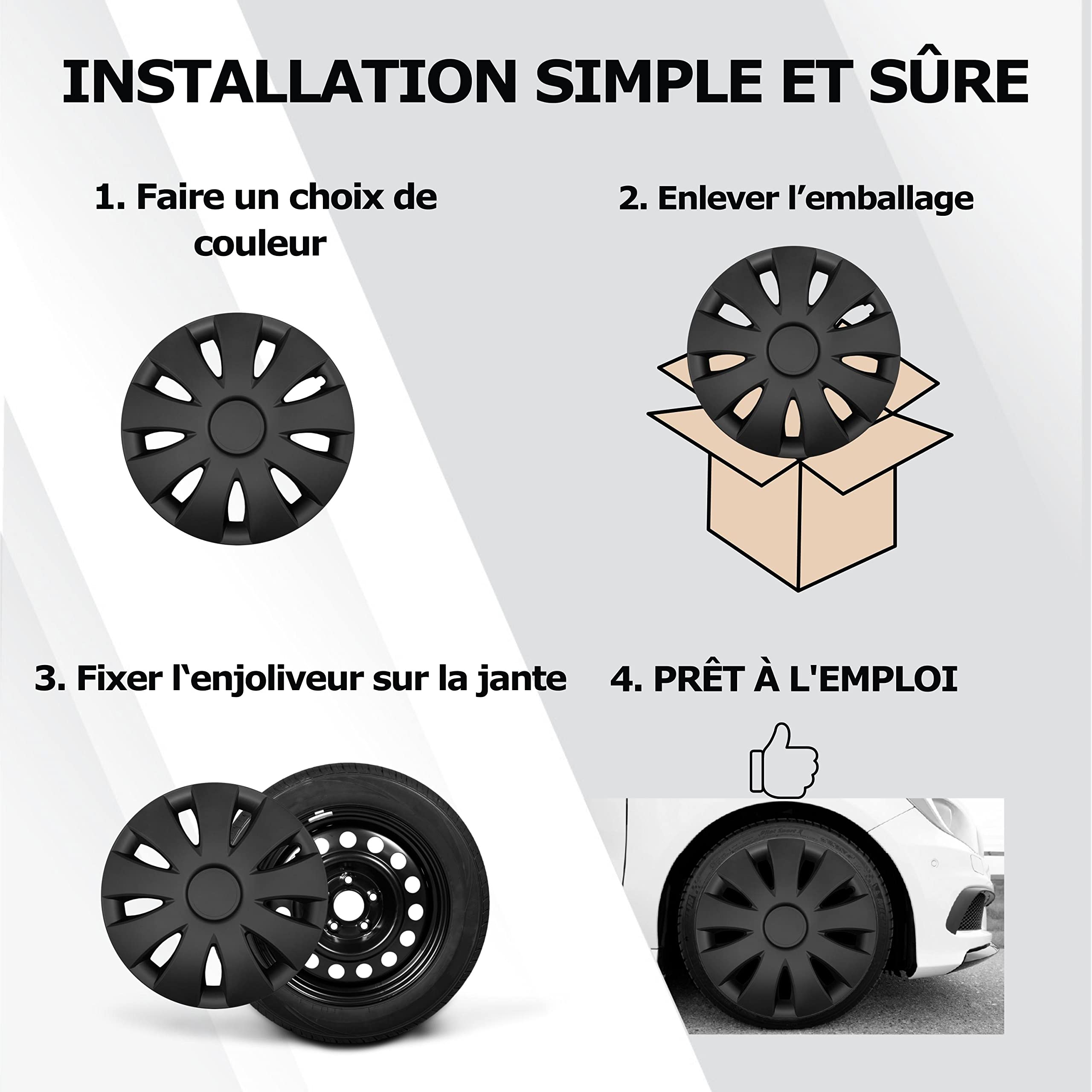 Kuglo Aura 4 enjoliveurs 16 Pouces Noir Mat pour Jantes Acier