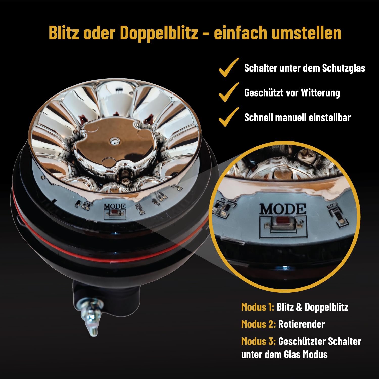 LED Rundumleuchte 12V 24V mit DIN-Stecker – Drehlicht Orange für Traktor, Auto, LKW – ECE R65 R10 Straßenzulassung, IP67, 3 Blitzmuster, Rundumlicht Warnleuchte