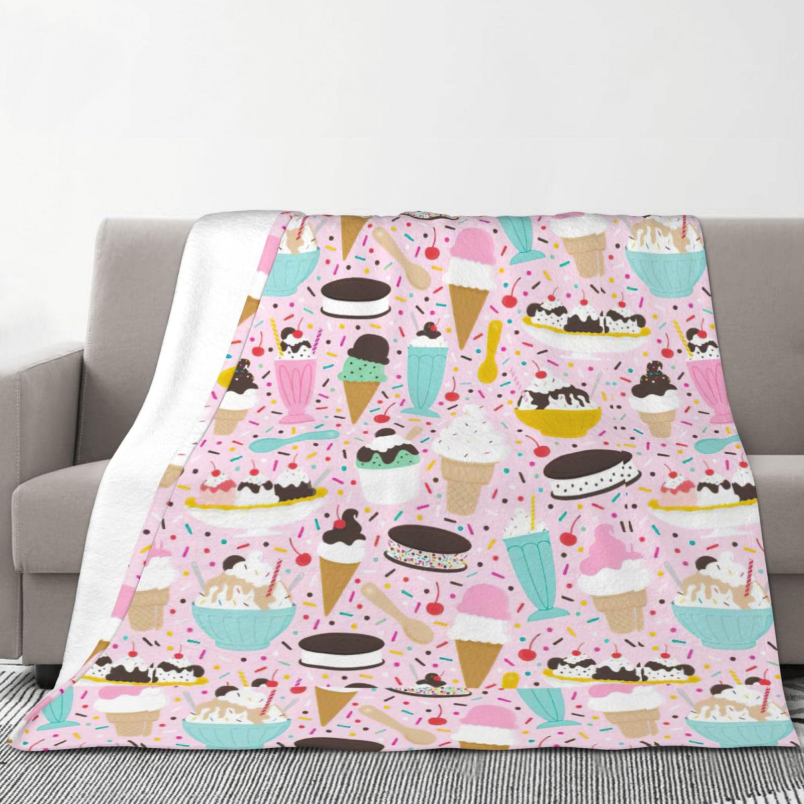 Couverture en flanelle imprimée crème glacée douce 177,8 x 203,2 cm - Chaude et douillette - Pour l'hiver - Pour camping ou voyage