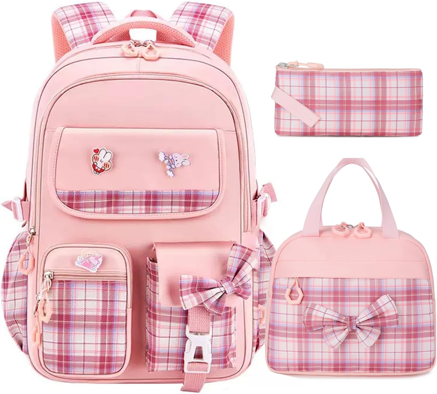 Kawaii Cute Bunny Backpack for Kids - 3-Pack, Includes Lunch Box & Pencil Case, Perfect for Girls Kindergarten to Middle School, Pink