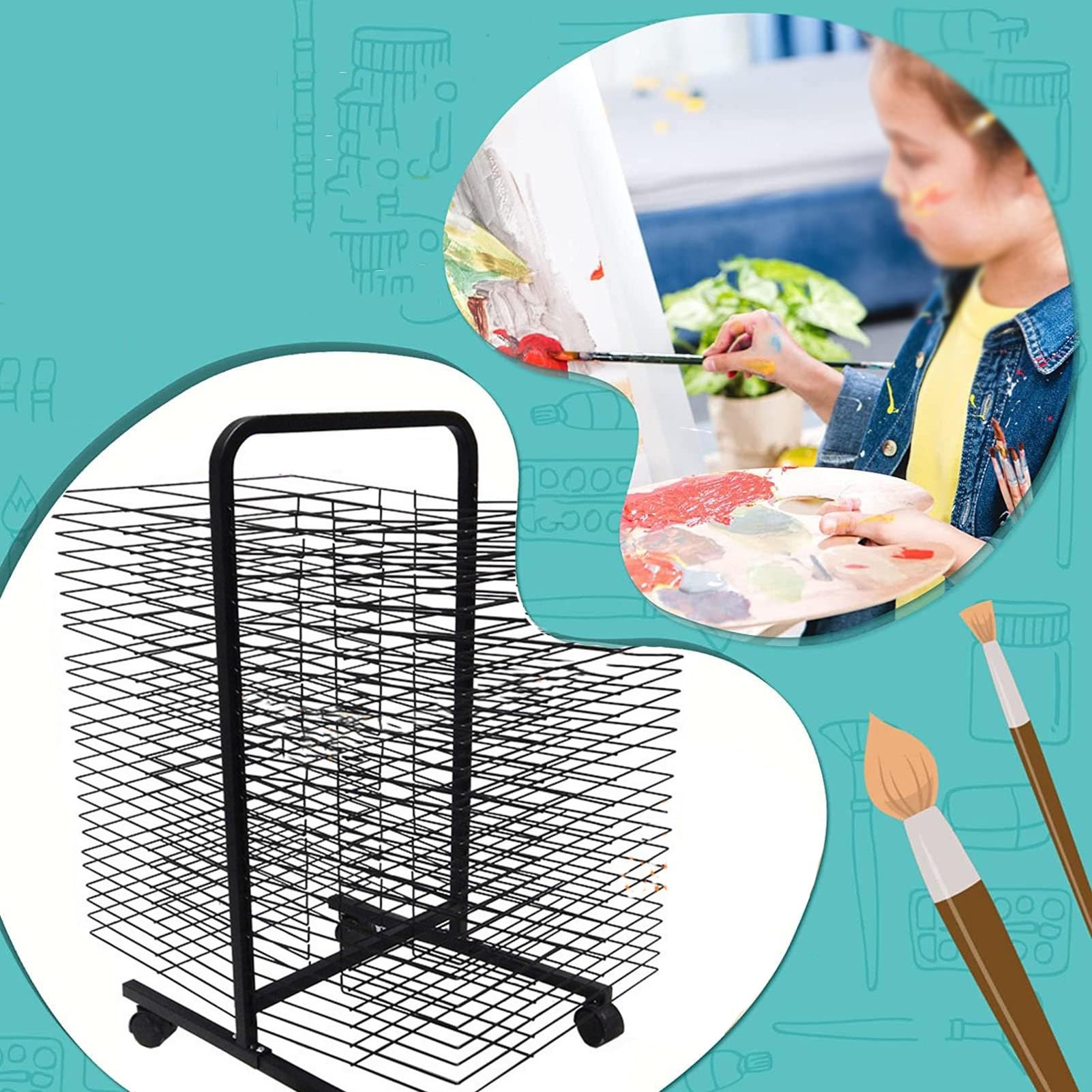 Stojak do przechowywania prac artystycznych, 50-poziomowy metalowy stojak do suszenia na podłodze, mobilny układania rysunków,pracowni artystycznych, szkół i sal lekcyjnych