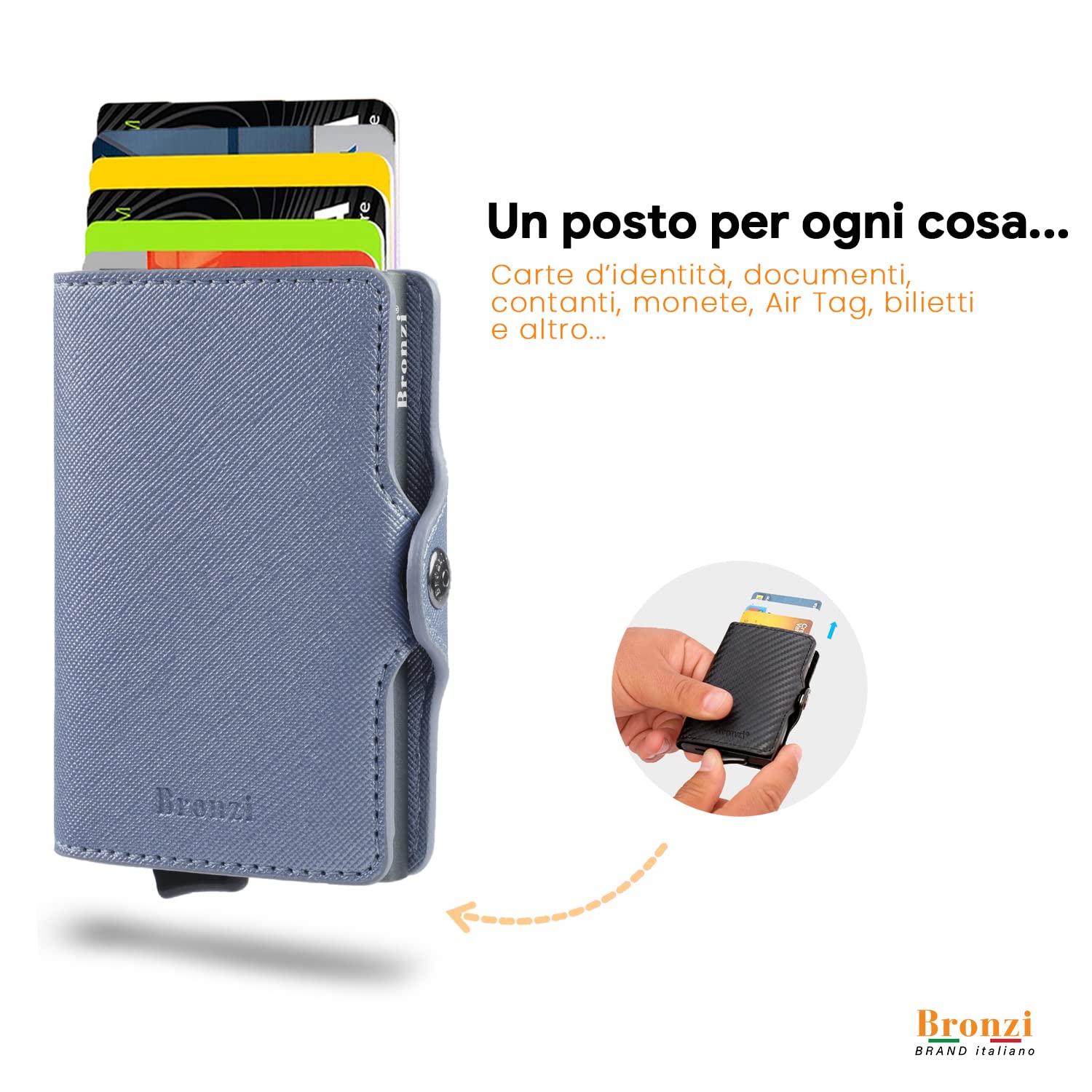 Bronzi Portafoglio Porta Carte Credito - Portafoglio Uomo Donna Slim Portacarte - Mini Porta Tessere - Protezione RFID - Design Smart Italiano Saffiano Grigio