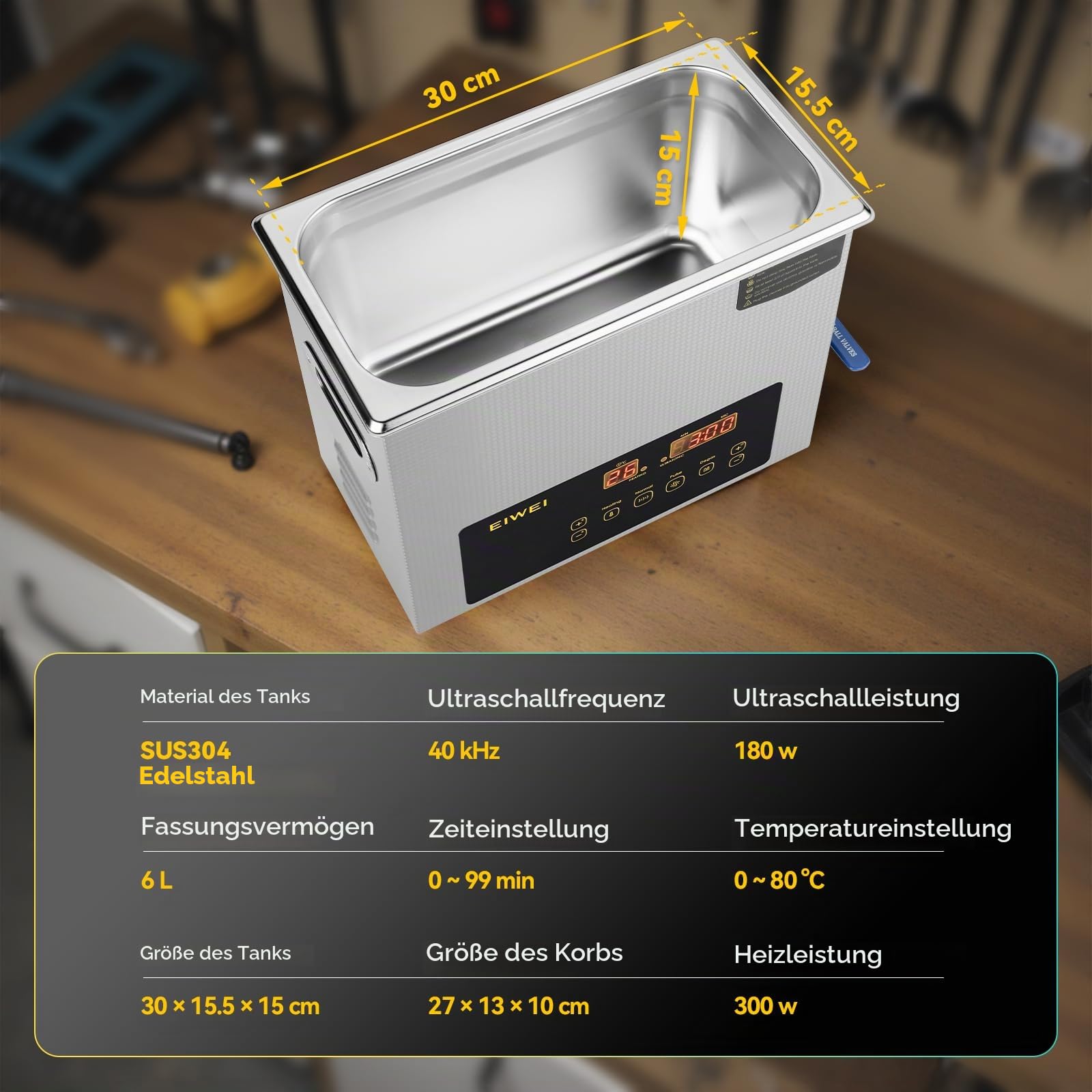 Ultraschallreinigungsgerät 6L mit zwei Leistungsstufen (Voll-/Halbleistung), Heizung, Timer & Entgasungsfunktion – ideal für Vergaser, Bauteile, Schmuck, Brillen, Zahnprothesen, Leiterplatten