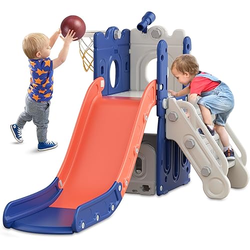 BIERUM 7 in 1 Toddler Slide, L-Shaped Baby Slide for Toddlers Age 1-3 with Basketball Hoop, Ring Toss, Storage Space, Outdoor Indoor Slide Playset Toddler Playground Blue Orange