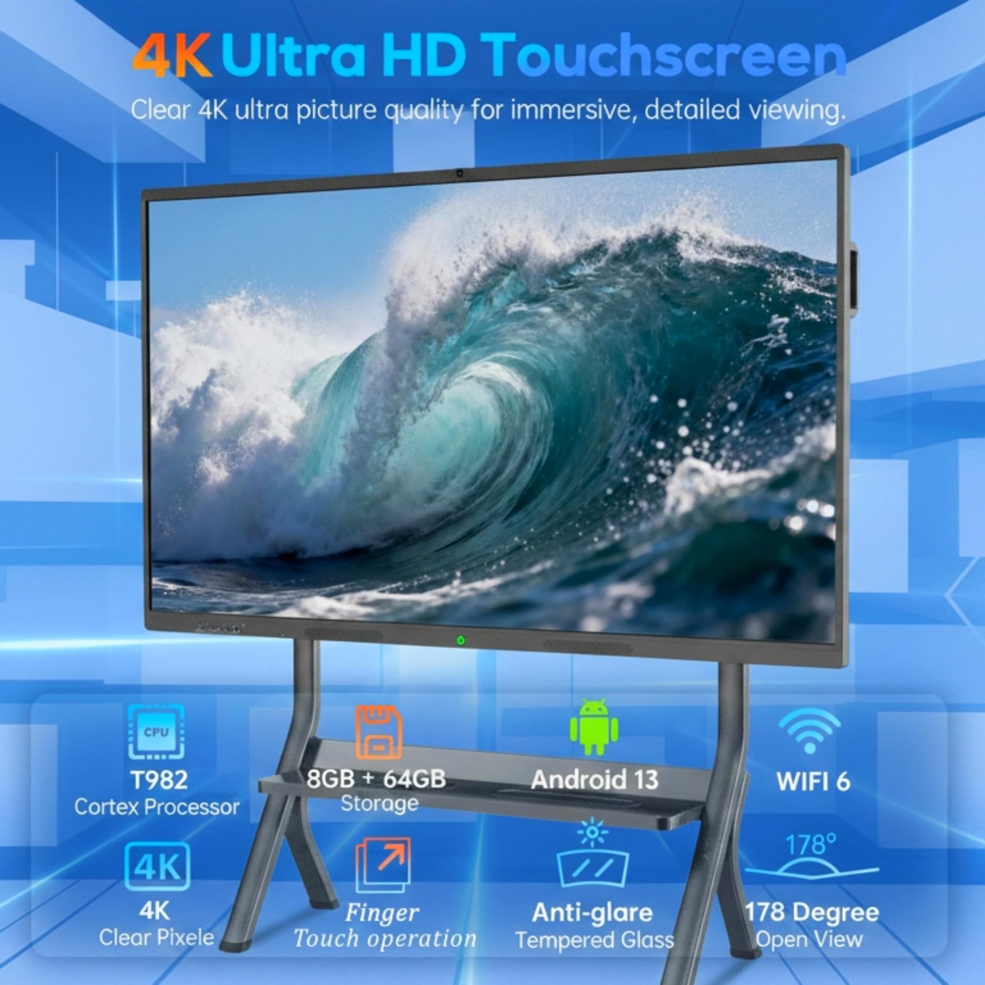MWE 65 Pollici 4K UHD Touchscreen Interattive Lavagna Digitale, 8+64GB, Microfono Incorporato, Telecamera, Adatto per L'ufficio, L'istruzione e la Casa