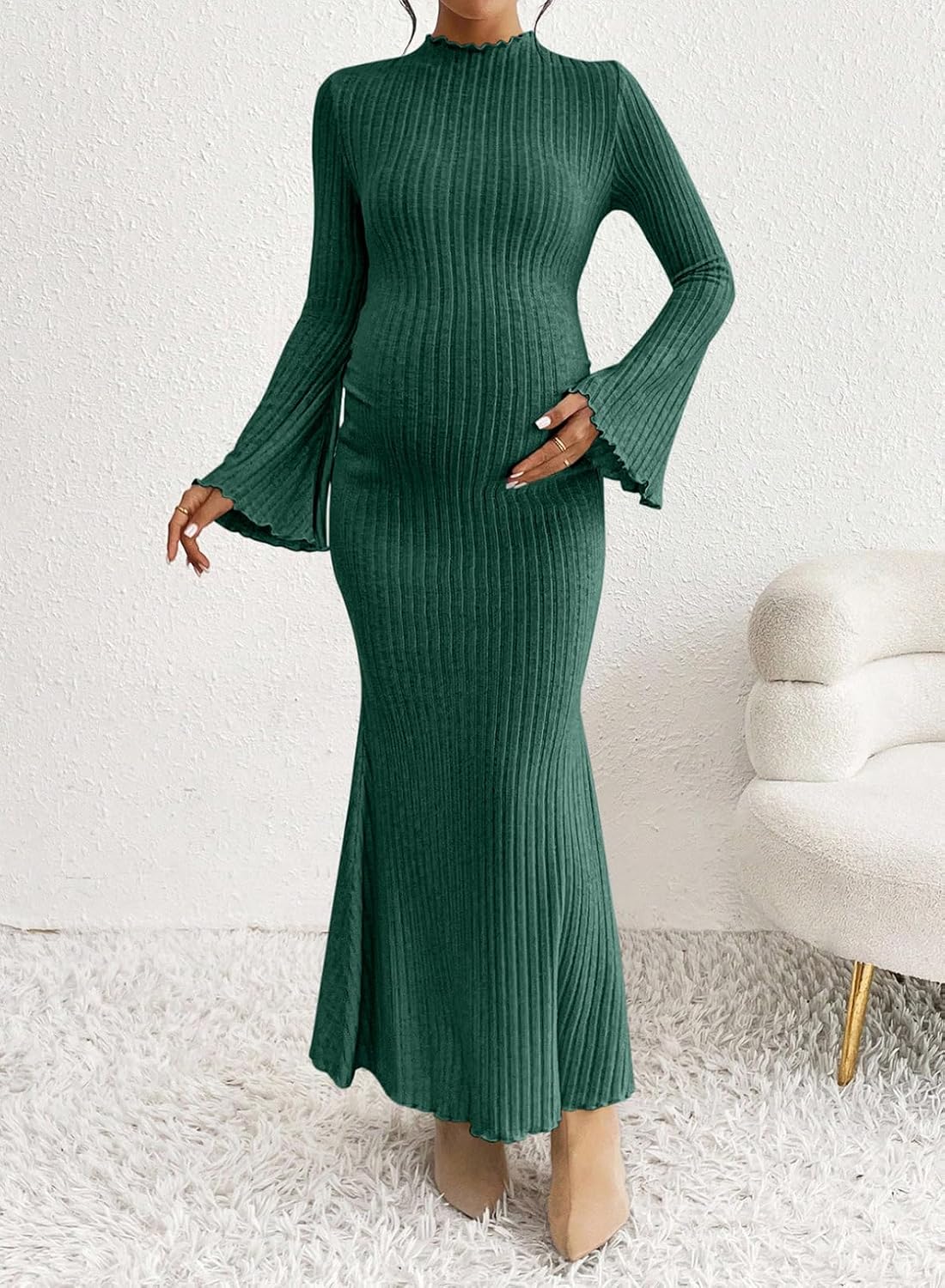 BLENCOT Maternity Dresses Bell Sleeve Pregnancy Bodycon Sweater Dress