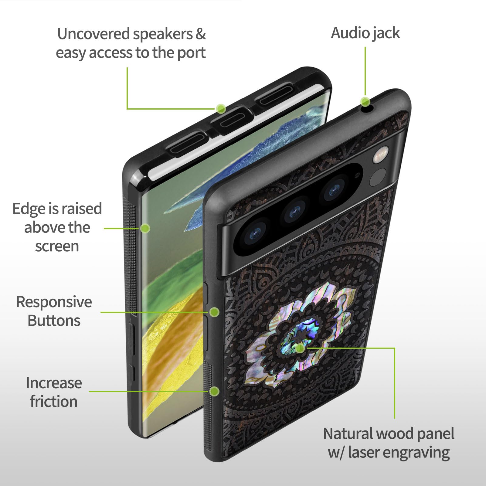 Carveit Custodia per Pixel 8 Cover [Incisione in legno e intarsio di cozze] Capolavoro del design del legno Compatibile con Google Pixel 8 Custodia Lusso (Noce-Guscio Yin Yang Lupo