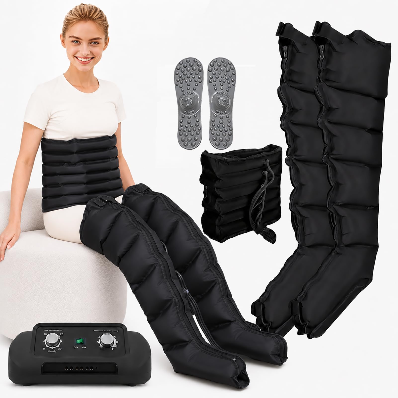 Presoterapia y drenaje linfático, máquina de botas de compresión de piernas, botas de recuperación de 6 cavidades, circulación de drenaje linfático, 0-240 mmHg ajustable (patas negras + cintura, M)