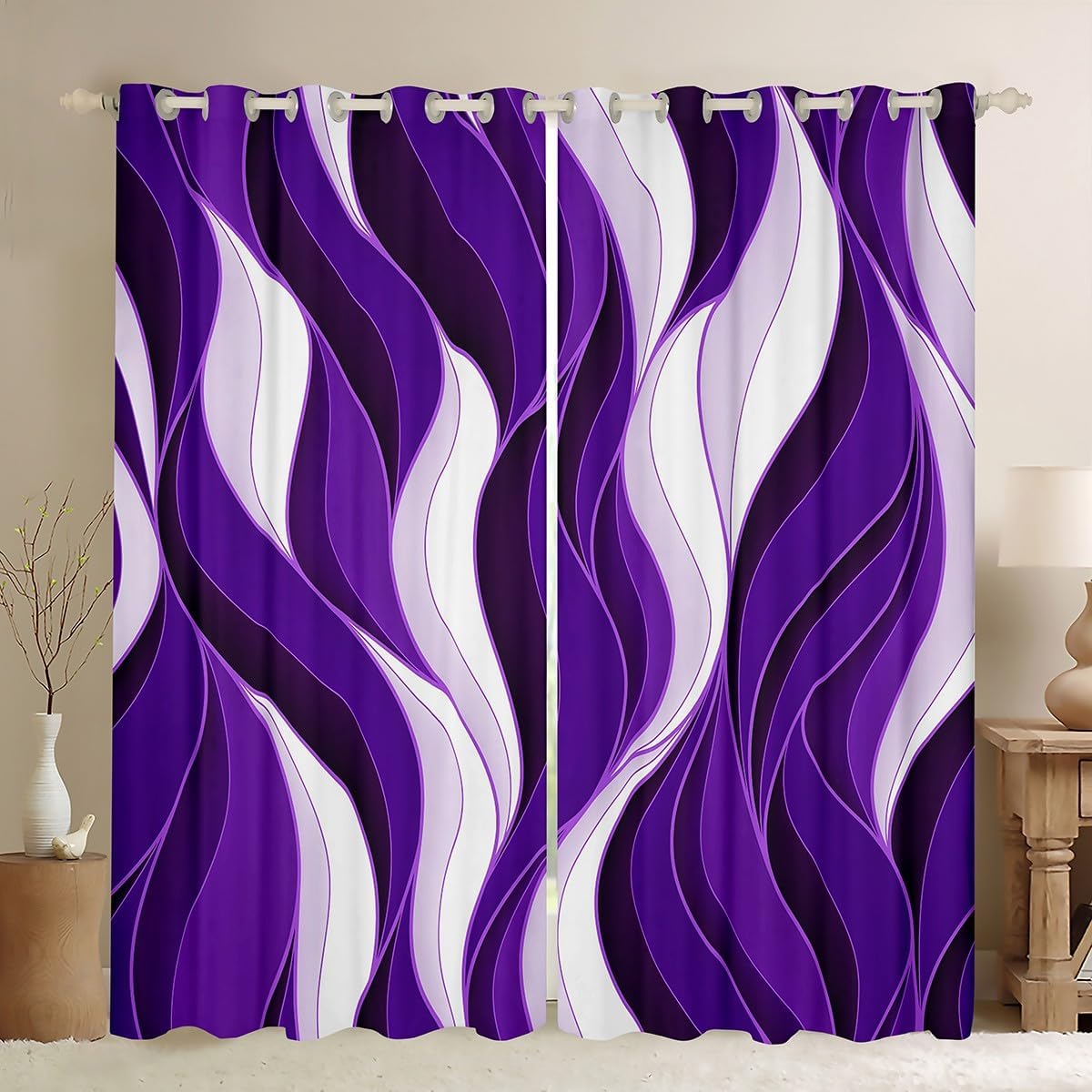 Erosebridal Abstract Modern Curtains 38" Wx45 L, 2 Panels,Dark Purple Striped Window Treatments Geometric Simple Pattern Darkening Drapes,Lightweight Waves Art Stripes Living Room Bedroom Kitchen