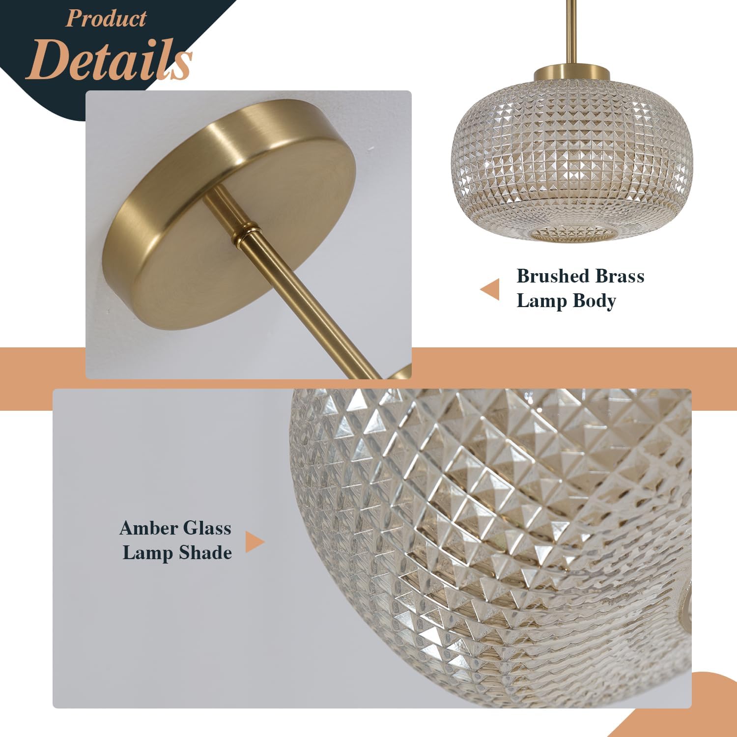 BOKT Round Hallway Semi Flush Mount Ceiling Light Close to Ceiling Light Fixtures Brass Bright Modern Ceiling Lighting Amber Glass Pendant Light - 9.8" for Kitchen Entryway Living Room